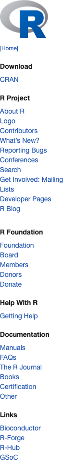 A screenshot of the sidebar of r-rproject.org, circa 2023.